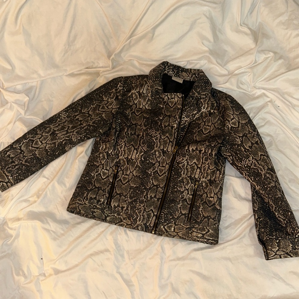 Faux snakeskin fabric motorcycle jacket with zippers from Chico’s